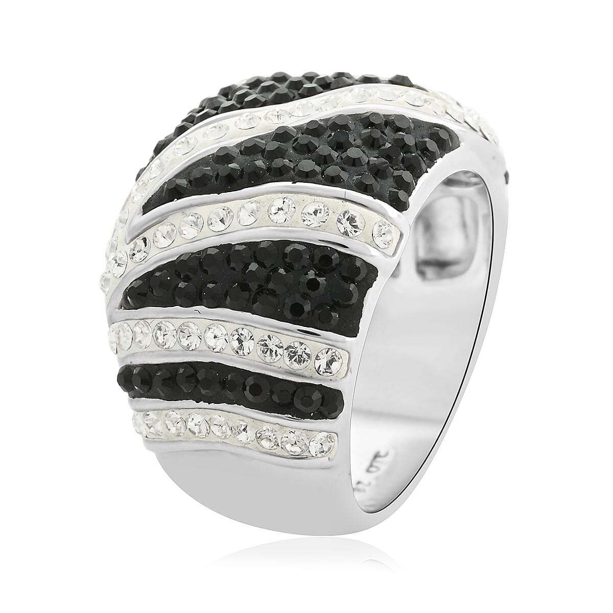 White and Black Austrian Crystal Ring in Silvertone (Size 7.0)