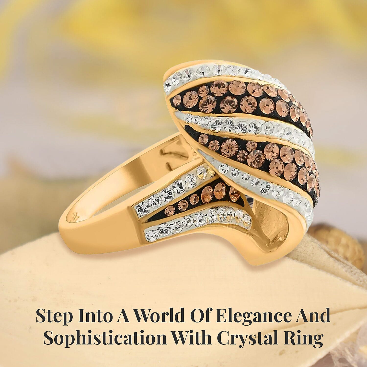 Champagne Color and White Austrian Crystal Ring in Goldtone (Size 7.0)
