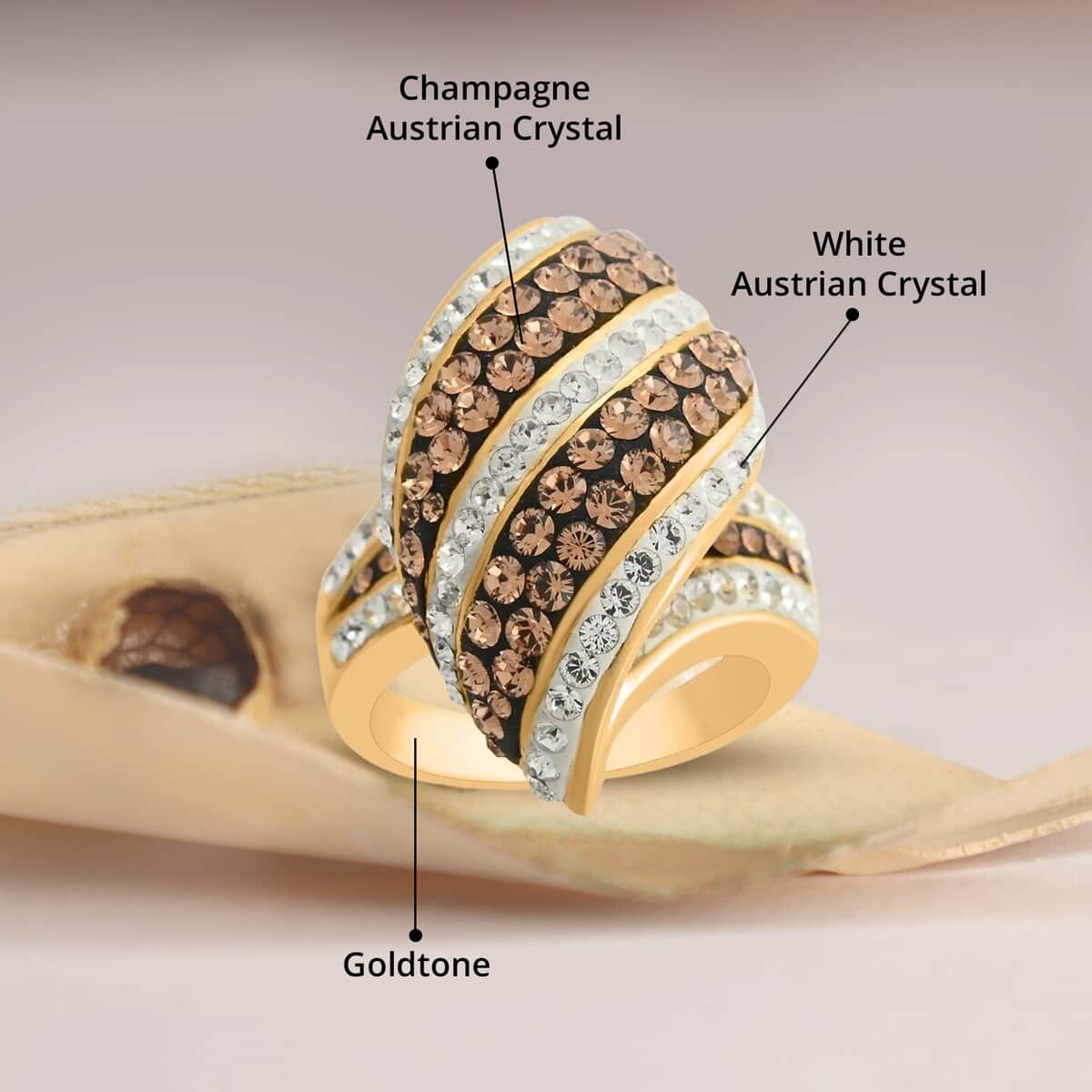 Champagne Color and White Austrian Crystal Ring in Goldtone (Size 7.0) image number 4