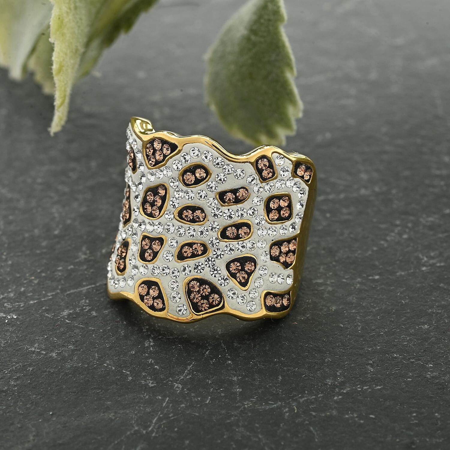 Champagne Color and White Austrian Crystal Ring in 14K Goldtone Over (Size 6.0)