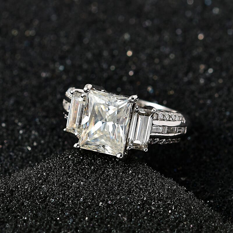 Princess Cut Moissanite Ring in Platinum Over Sterling Silver (Size 7.0) 3.70 ctw