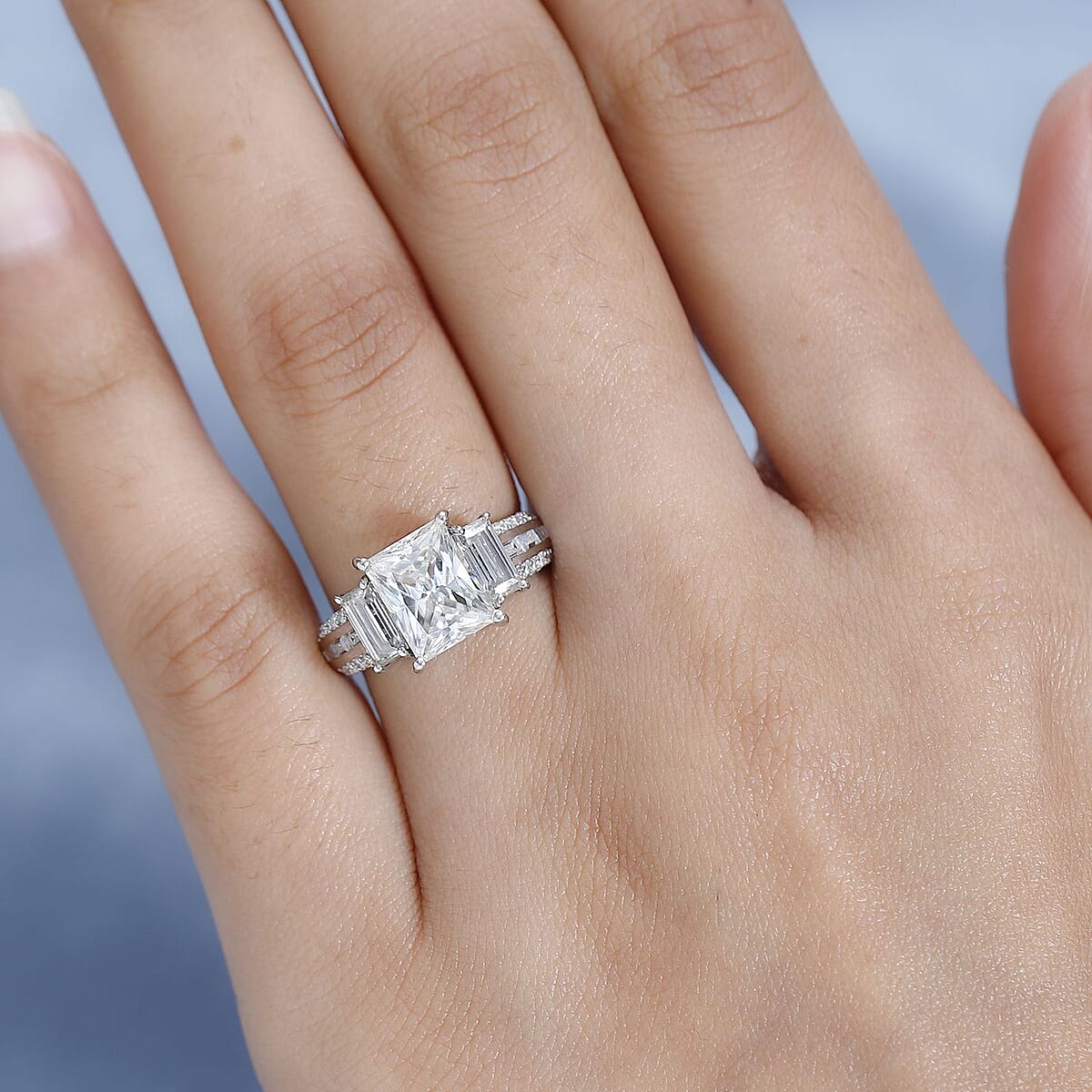 Princess Cut Moissanite Ring in Platinum Over Sterling Silver (Size 7.0) 3.70 ctw image number 2