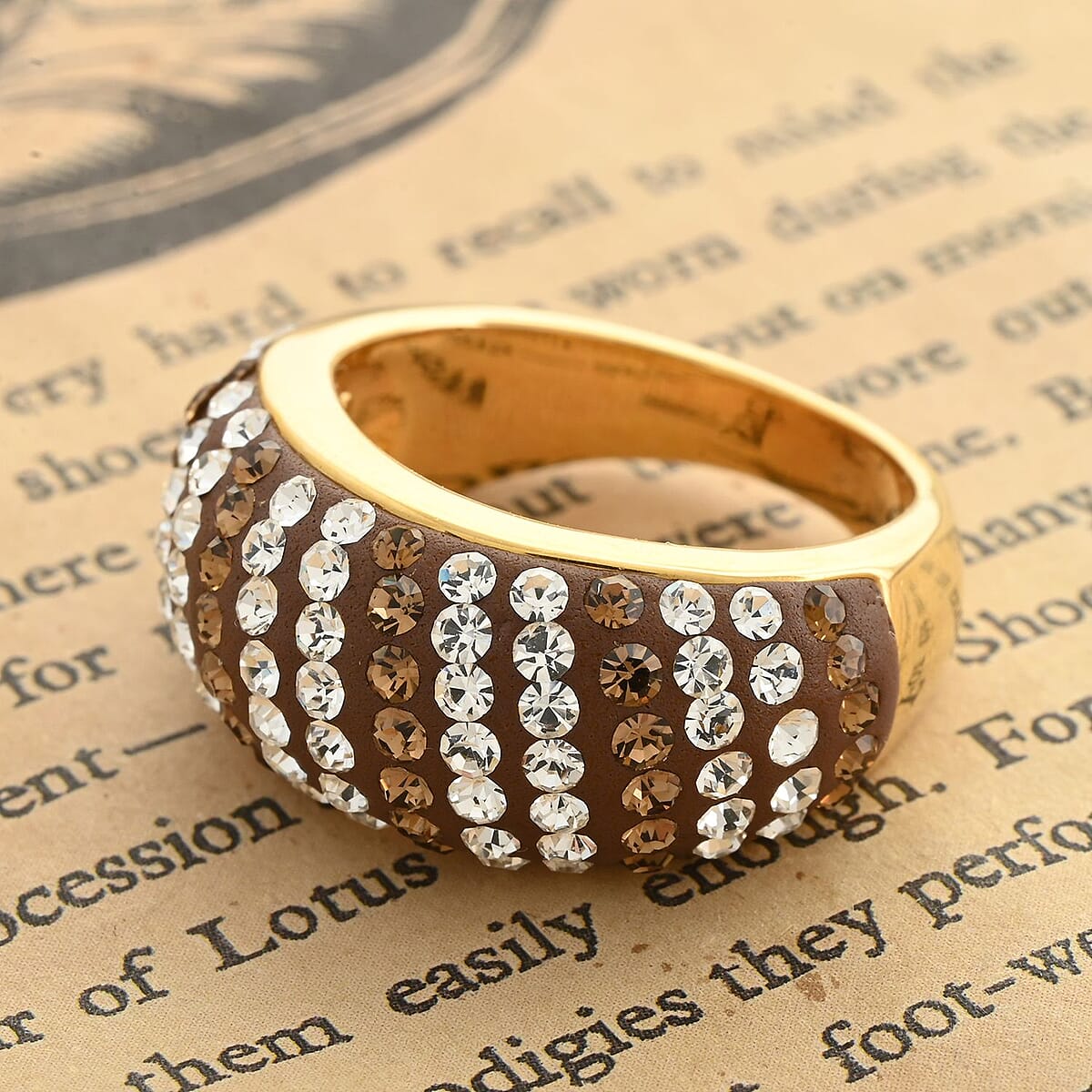 Champagne Color and White Austrian Crystal Dome Ring in 14K Goldtone Over (Size 7.0) image number 1