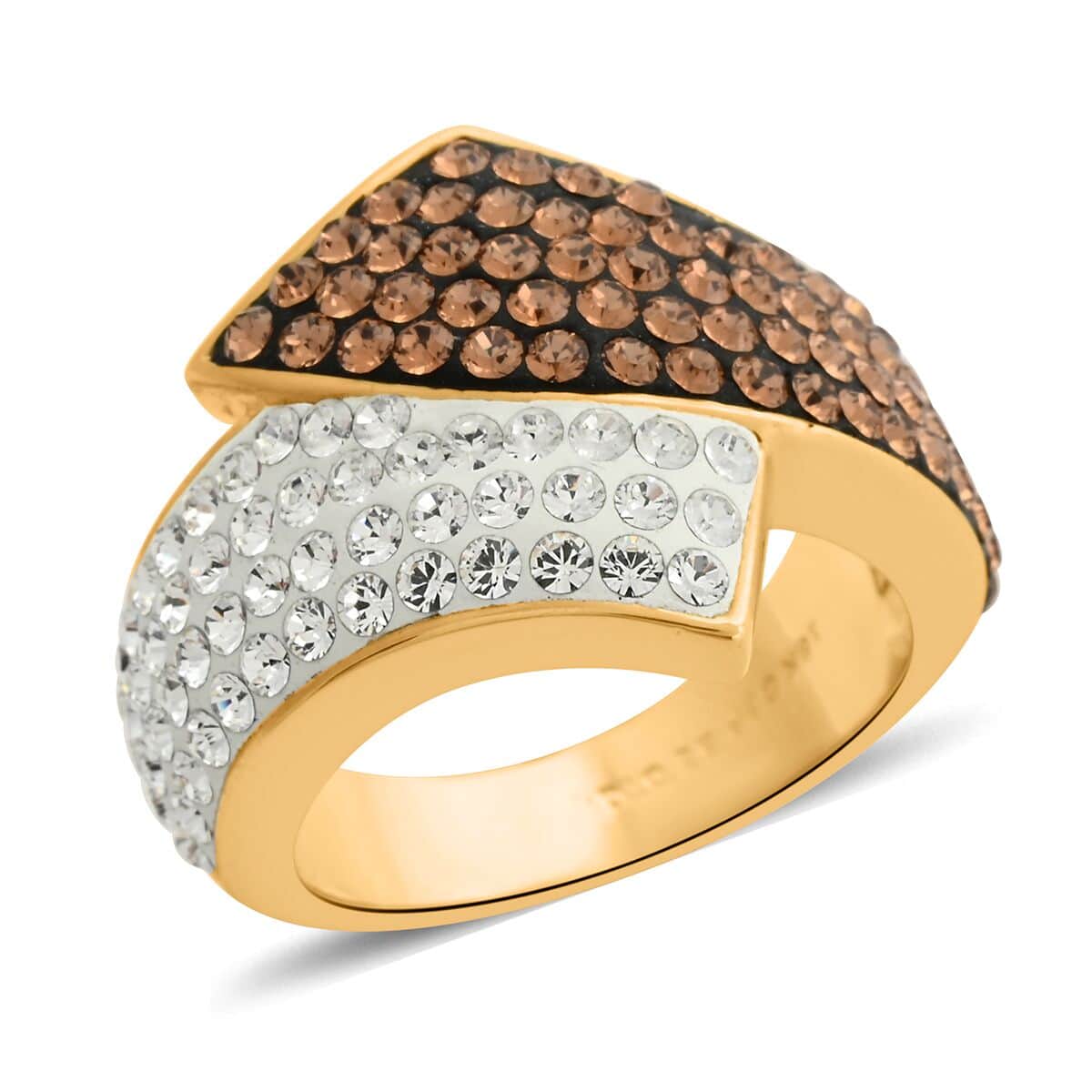 White and Champagne Color Austrian Crystal Bypass Ring in Goldtone (Size 7.0) image number 0