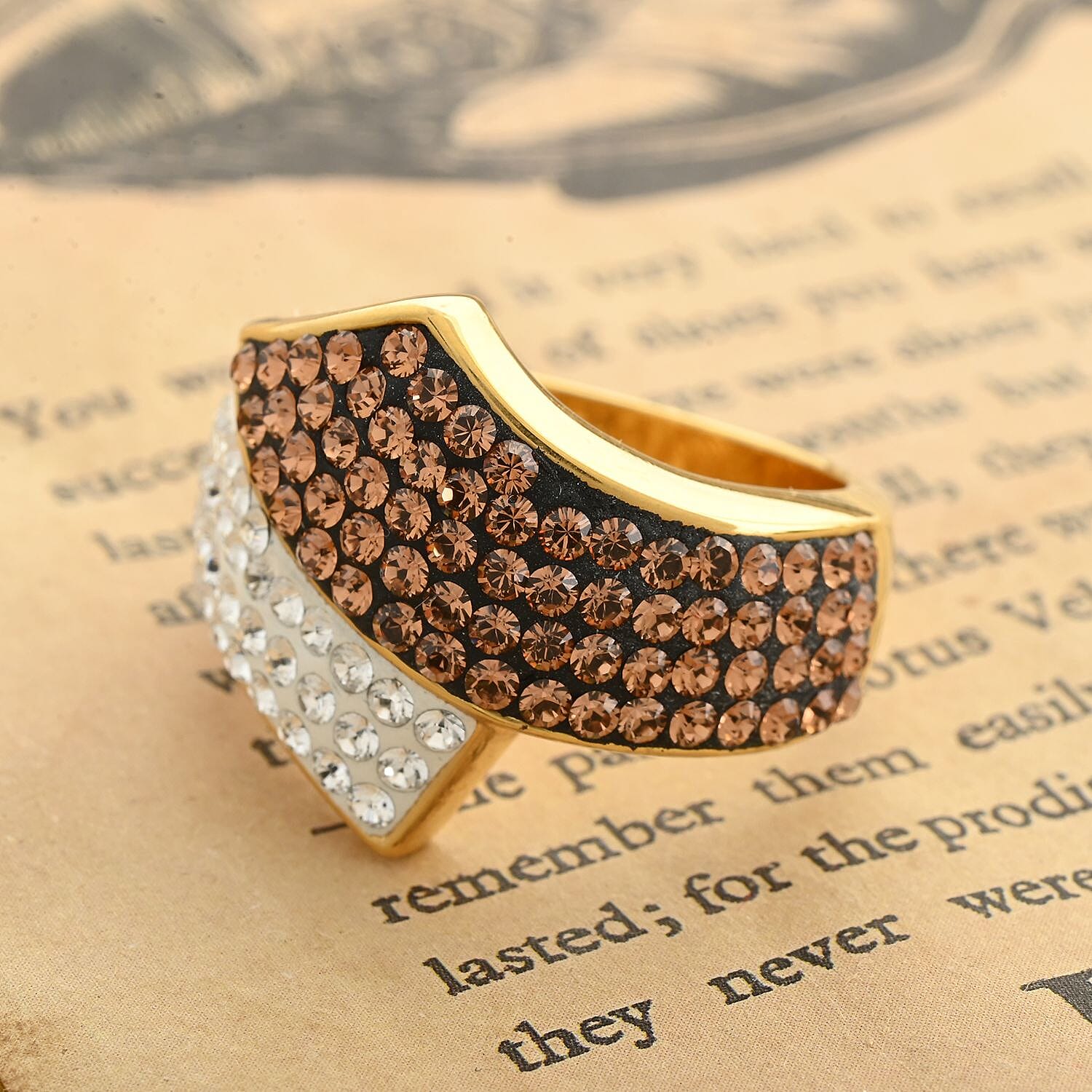 White and Champagne Color Austrian Crystal Bypass Ring in 14K Goldtone Over (Size 7.0)