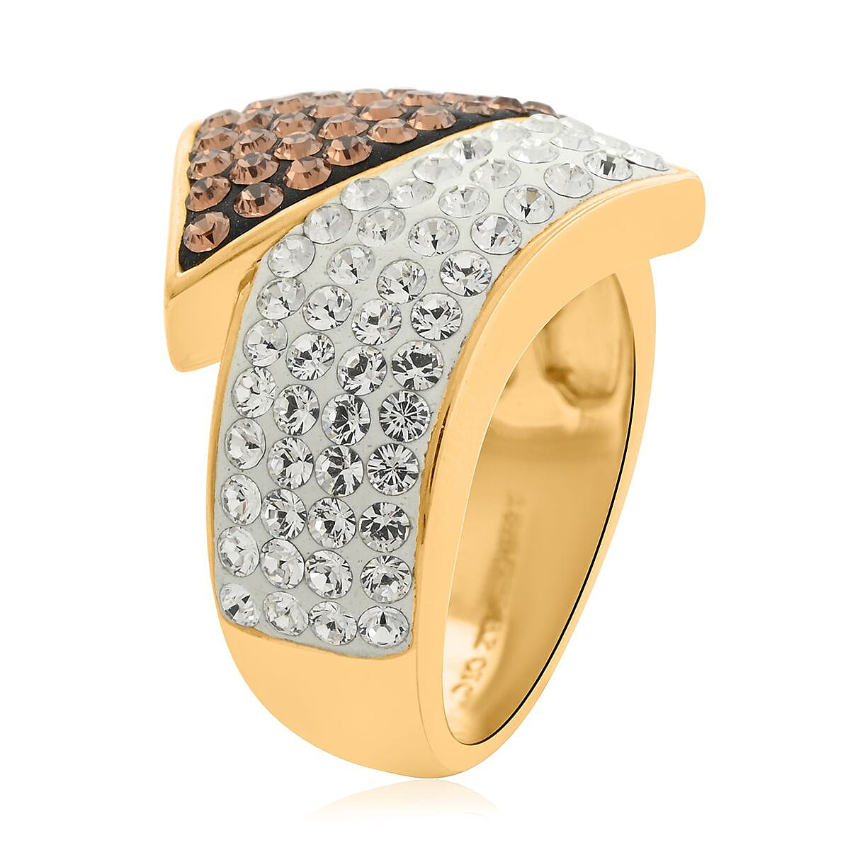 White and Champagne Color Austrian Crystal Bypass Ring in 14K Goldtone Over (Size 7.0)