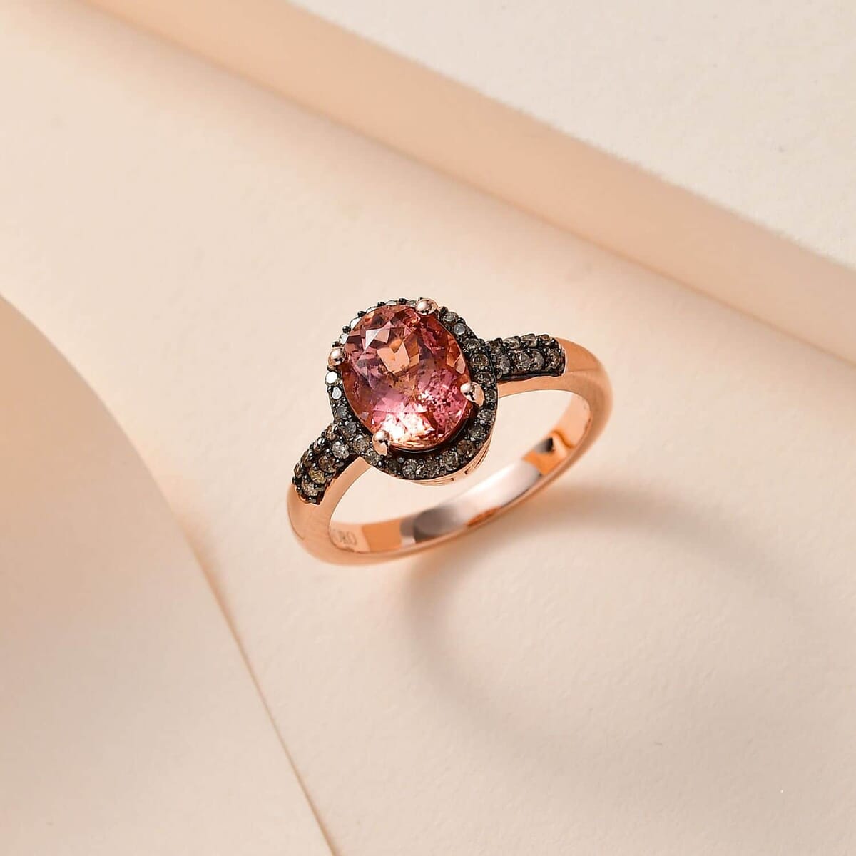 Luxoro 14K Rose Gold Premium Blush Tourmaline and Natural Champagne Diamond I2 Halo Ring (Size 7.5) 2.10 ctw image number 1