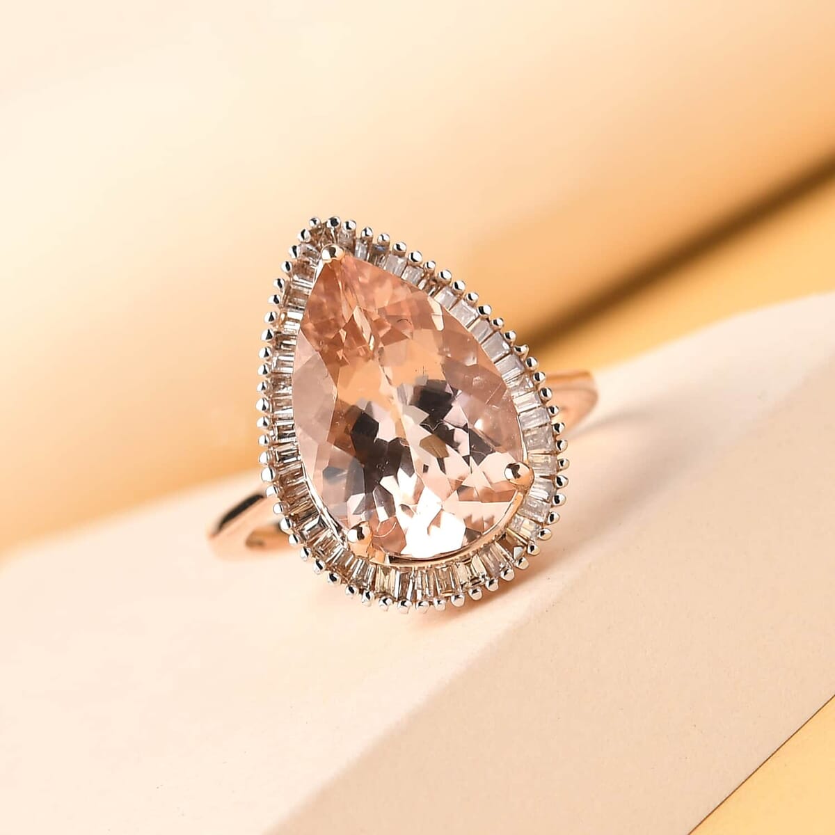 Luxoro 14K Rose Gold AAA Marropino Morganite and G-H I3 Diamond Halo Ring (Size 8.5) 4.35 Grams 5.35 ctw image number 1