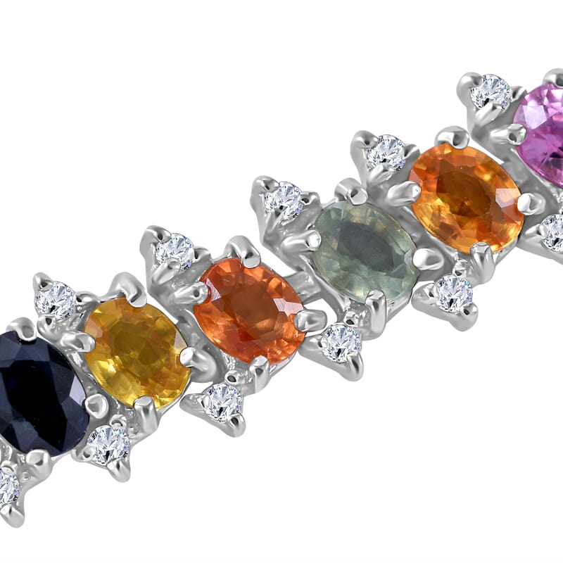 Multi Sapphire and White Zircon Bracelet in Platinum Over Sterling Silver (6.50 In) 11.00 ctw