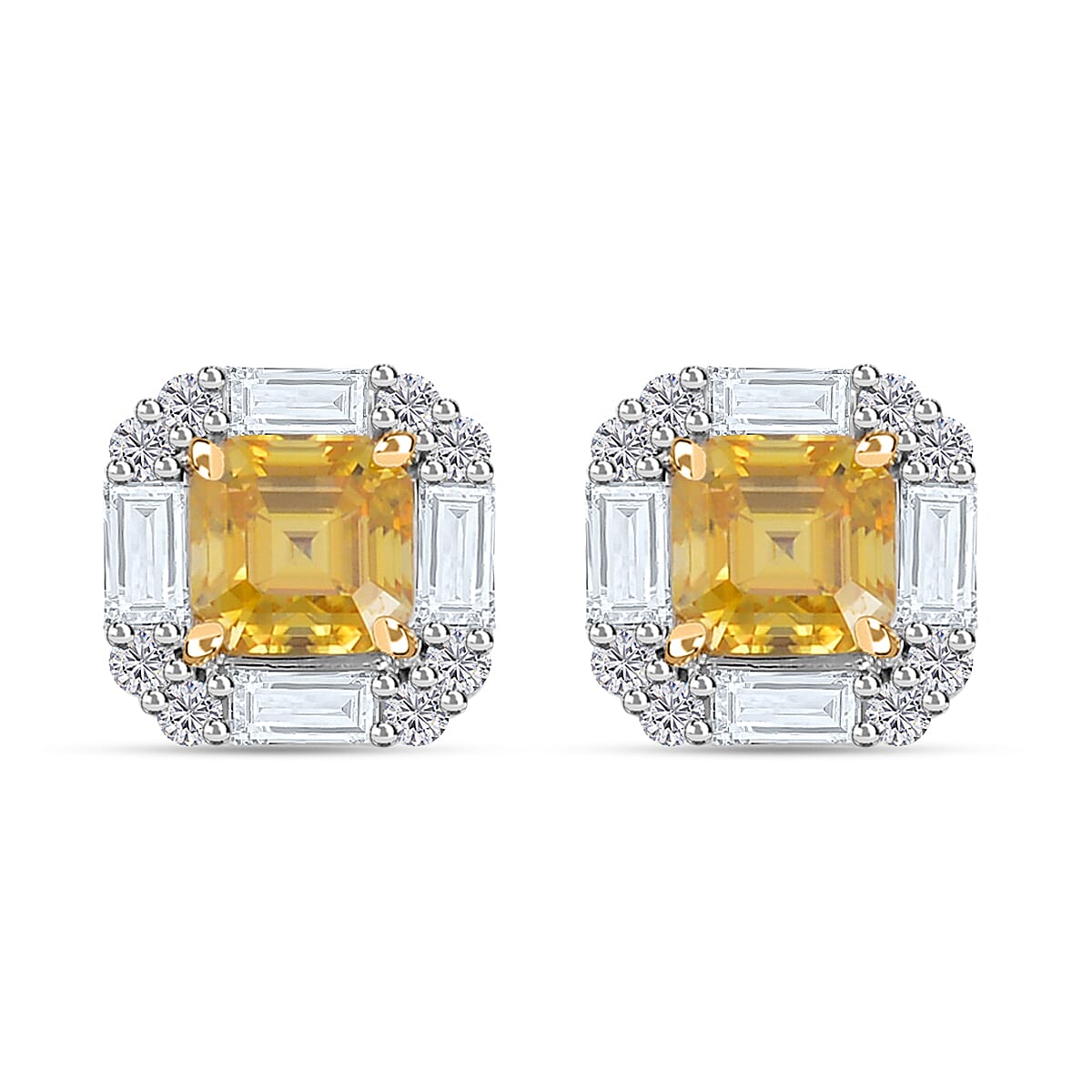 Asscher Cut Yellow Moissanite and Moissanite Halo Stud Earrings in Rhodium Over Sterling Silver 3.15 ctw image number 0