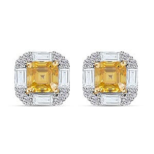 Asscher Cut Yellow Moissanite and Moissanite Halo Stud Earrings in Rhodium Over Sterling Silver 3.15 ctw
