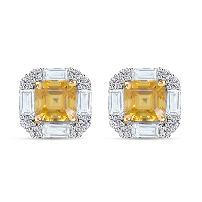 Asscher Cut Yellow Moissanite and Moissanite Halo Stud Earrings in Rhodium Over Sterling Silver 3.15 ctw