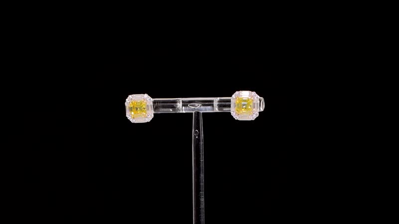 Asscher Cut Yellow Moissanite and Moissanite Halo Stud Earrings in Rhodium Over Sterling Silver 3.15 ctw