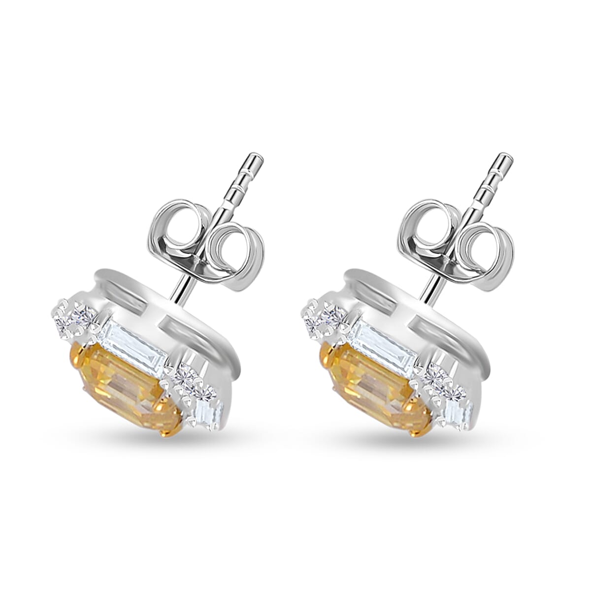 Asscher Cut Yellow Moissanite and Moissanite Halo Stud Earrings in Rhodium Over Sterling Silver 3.15 ctw image number 3