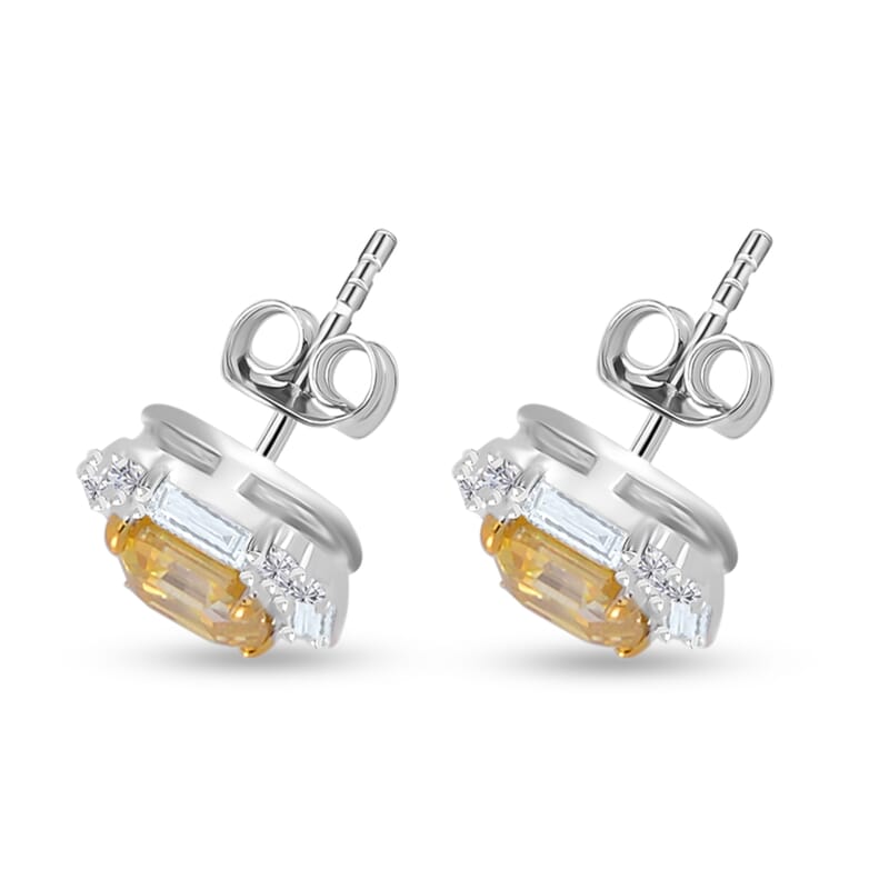 Asscher Cut Yellow Moissanite and Moissanite Halo Stud Earrings in Rhodium Over Sterling Silver 3.15 ctw