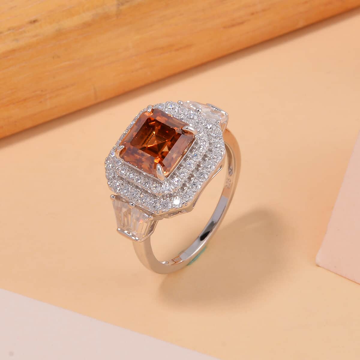 Asscher Cut Mocha Coffee Color Moissanite Double Halo Ring in Rhodium Over Sterling Silver (Size 6.0) 4.00 ctw image number 1