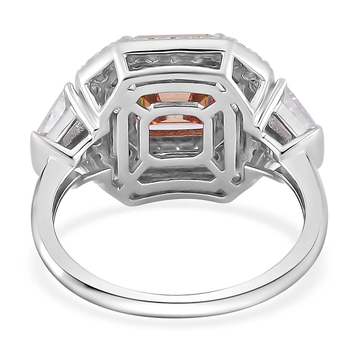 Asscher Cut Mocha Coffee Color Moissanite Double Halo Ring in Rhodium Over Sterling Silver (Size 8.0) 4.00 ctw image number 4