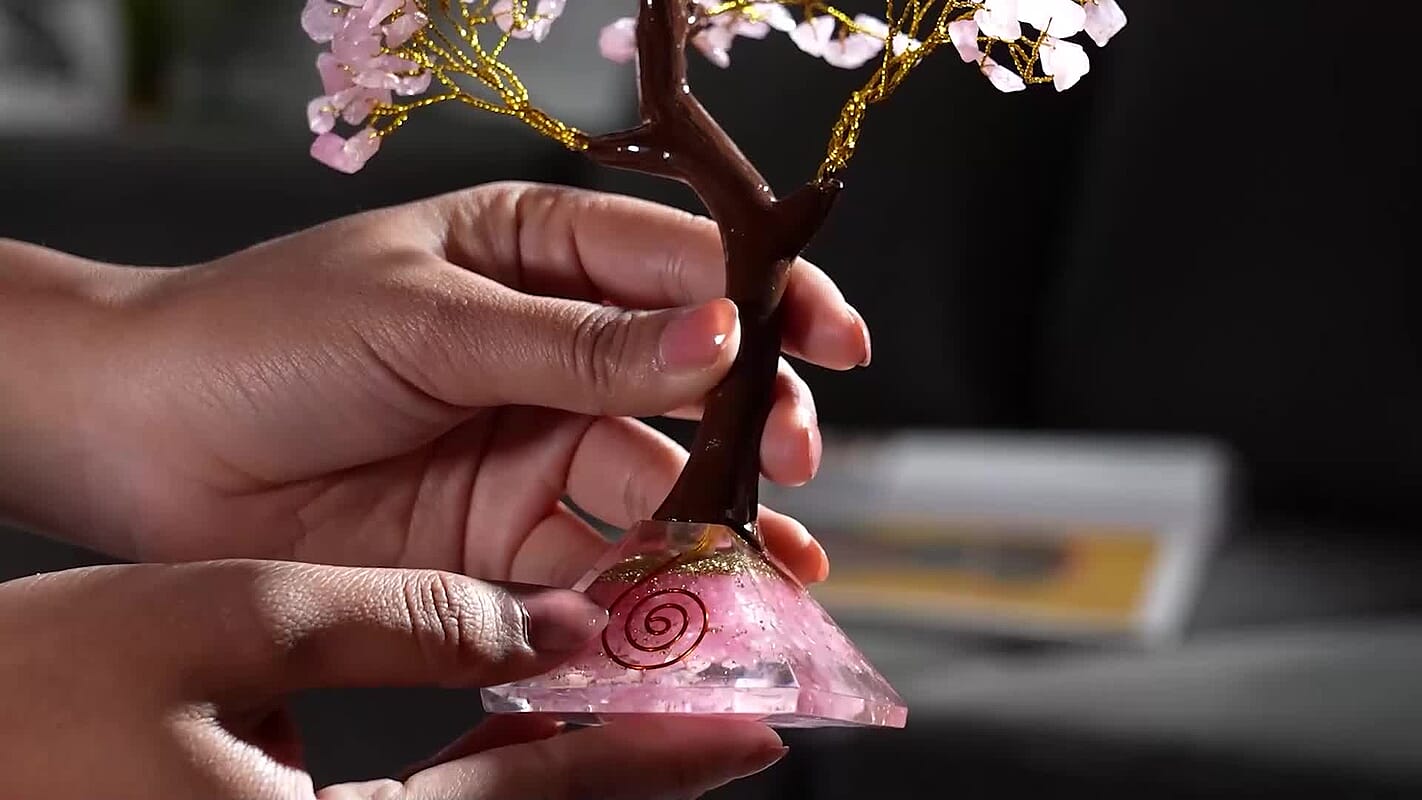 Rose Quartz Gemstone Tree With Pyramid Orgone Base (Approx. 0.881 lbs)