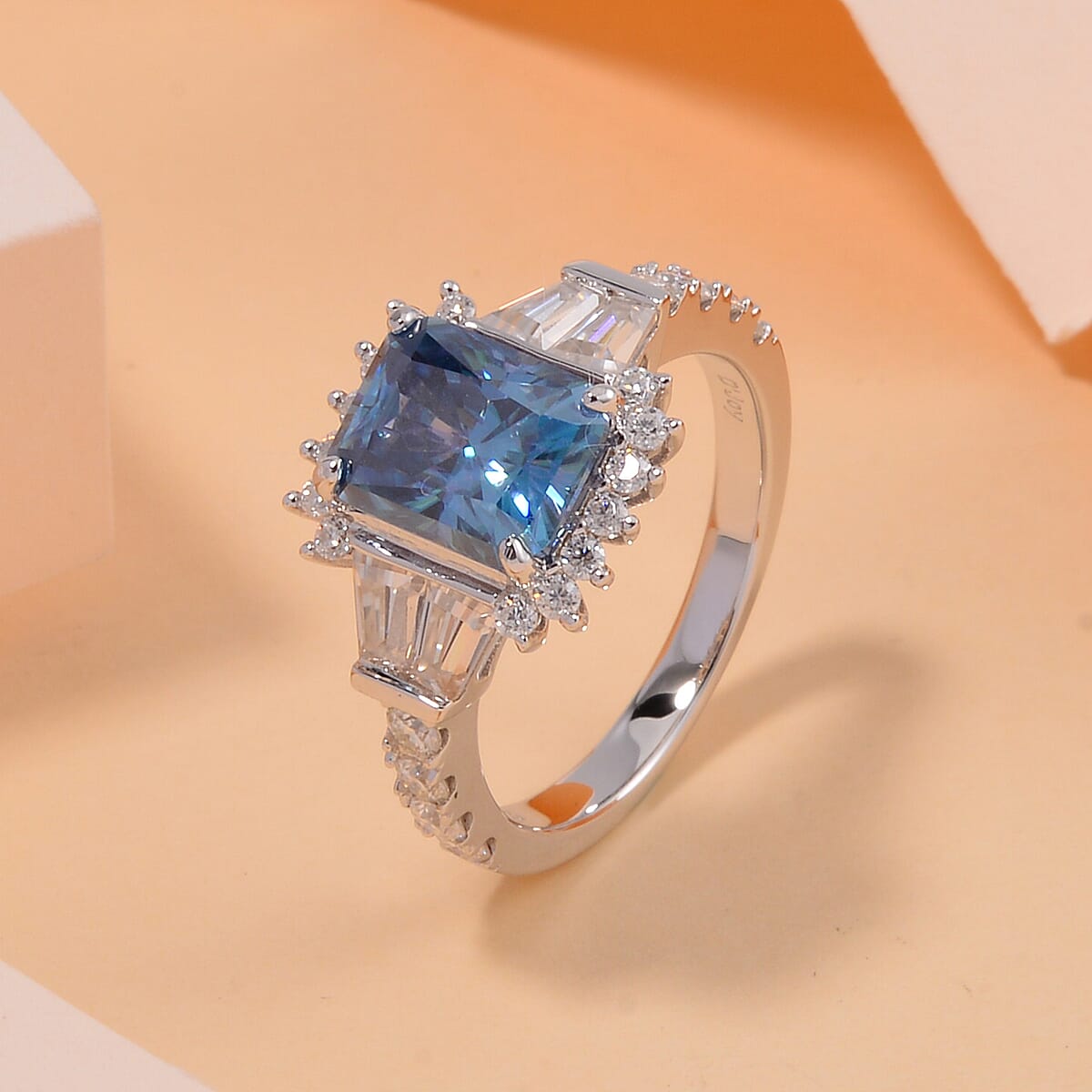 Sapphire Blue and White Moissanite Ring in Rhodium Over Sterling Silver (Size 10.0) 3.60 ctw image number 1