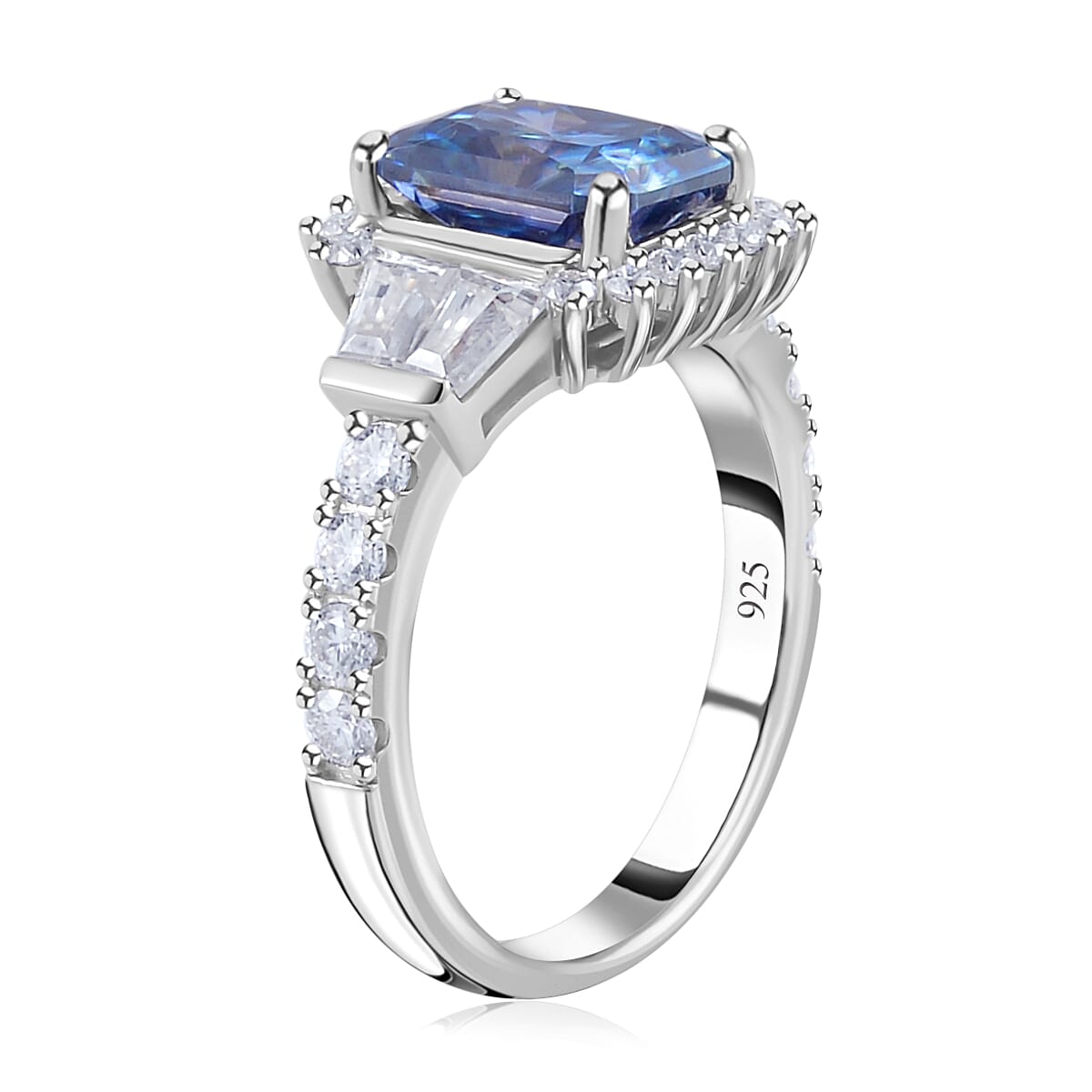 Sapphire Blue and White Moissanite Ring in Rhodium Over Sterling Silver (Size 10.0) 3.60 ctw image number 3