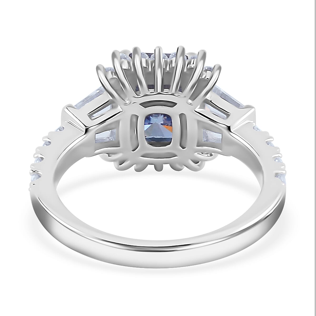 Sapphire Blue and White Moissanite Ring in Rhodium Over Sterling Silver (Size 10.0) 3.60 ctw