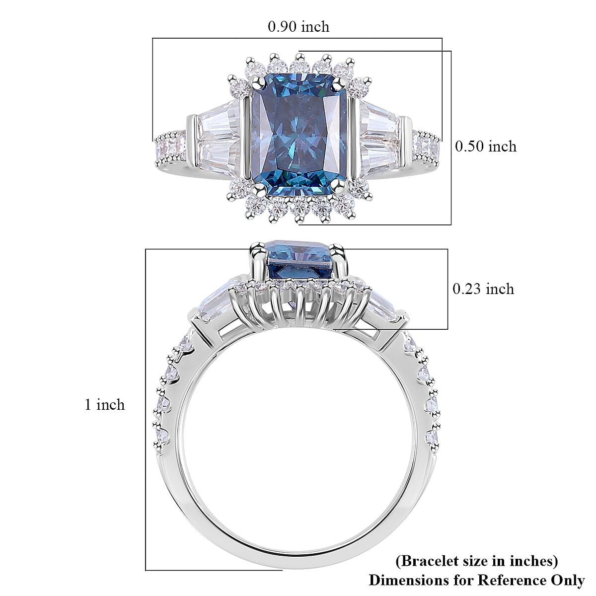 Sapphire Blue and White Moissanite Ring in Rhodium Over Sterling Silver (Size 10.0) 3.60 ctw