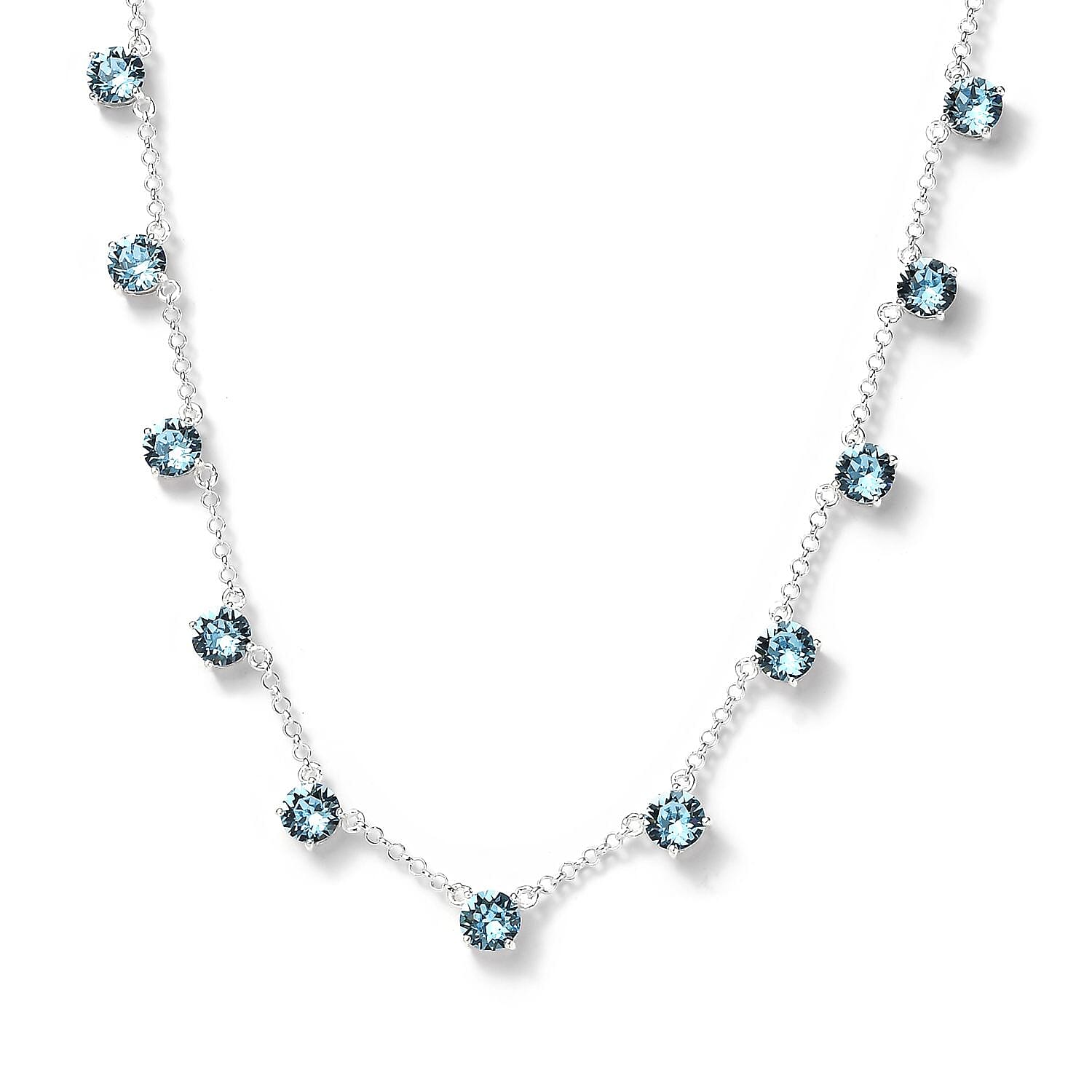 Designer Premium Aquamarine Color Austrian Crystal Station Necklace 18 Inches in Sterling Silver