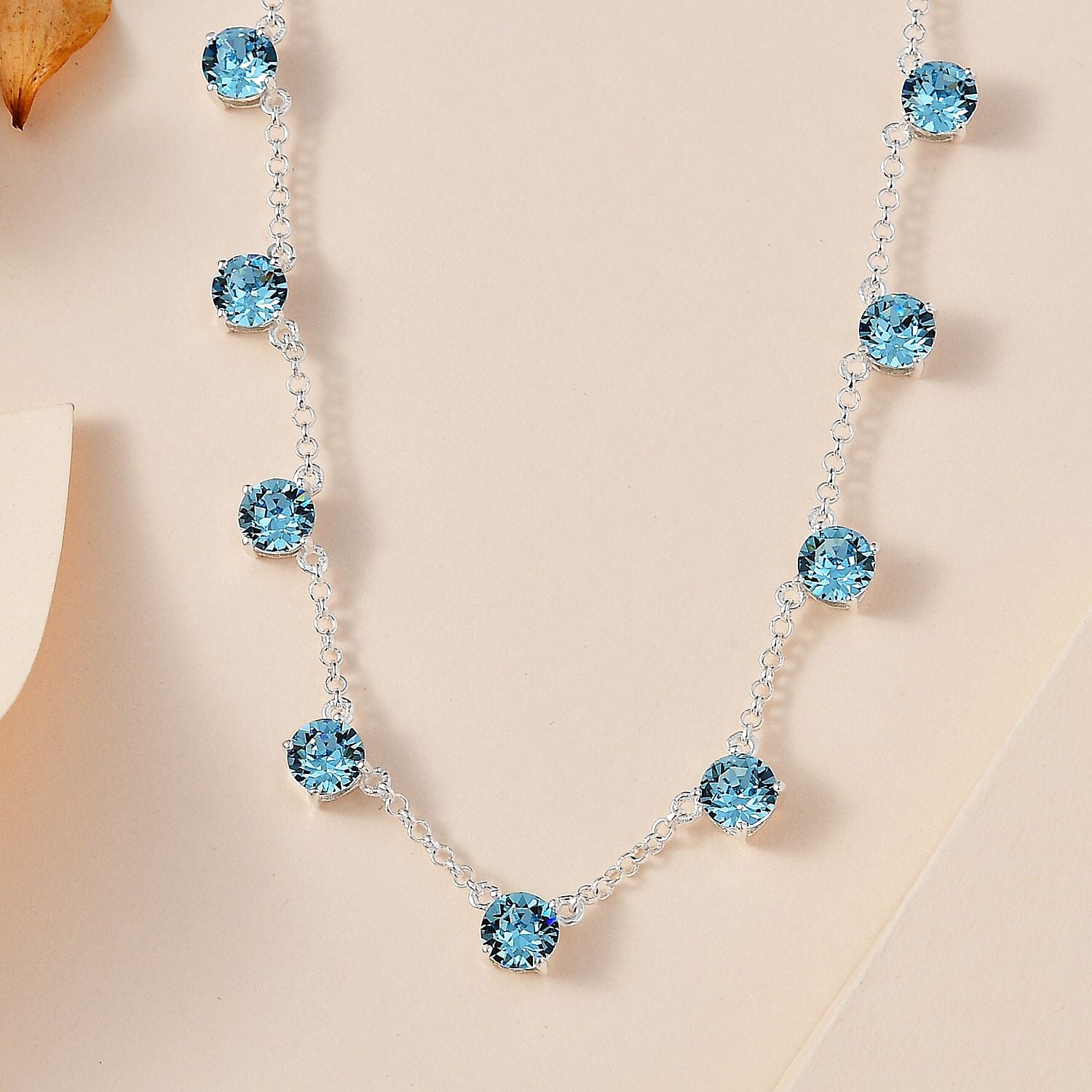 Designer Premium Aquamarine Color Austrian Crystal Station Necklace 18 Inches in Sterling Silver