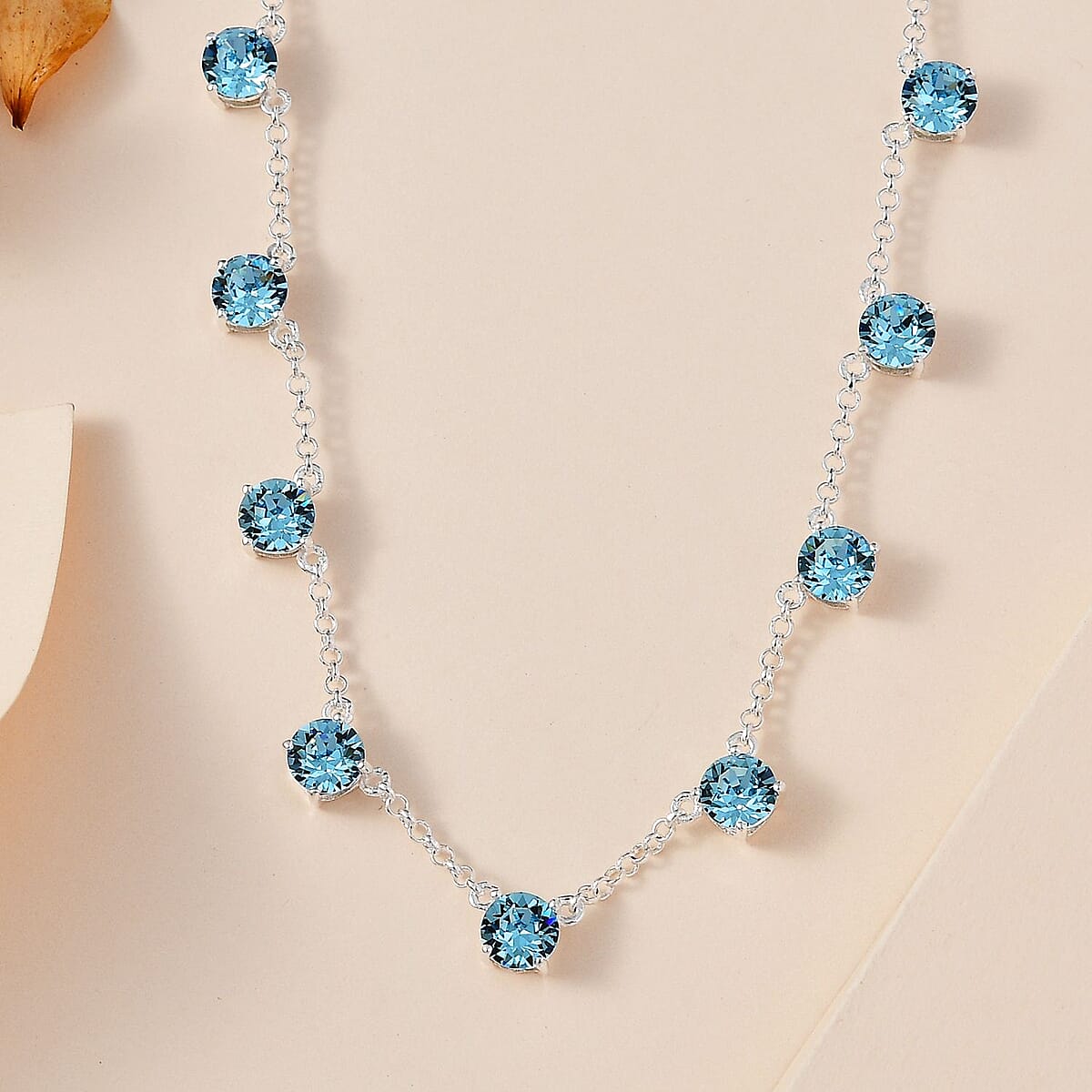 Designer Premium Aquamarine Color Austrian Crystal Station Necklace 18 Inches in Sterling Silver image number 1