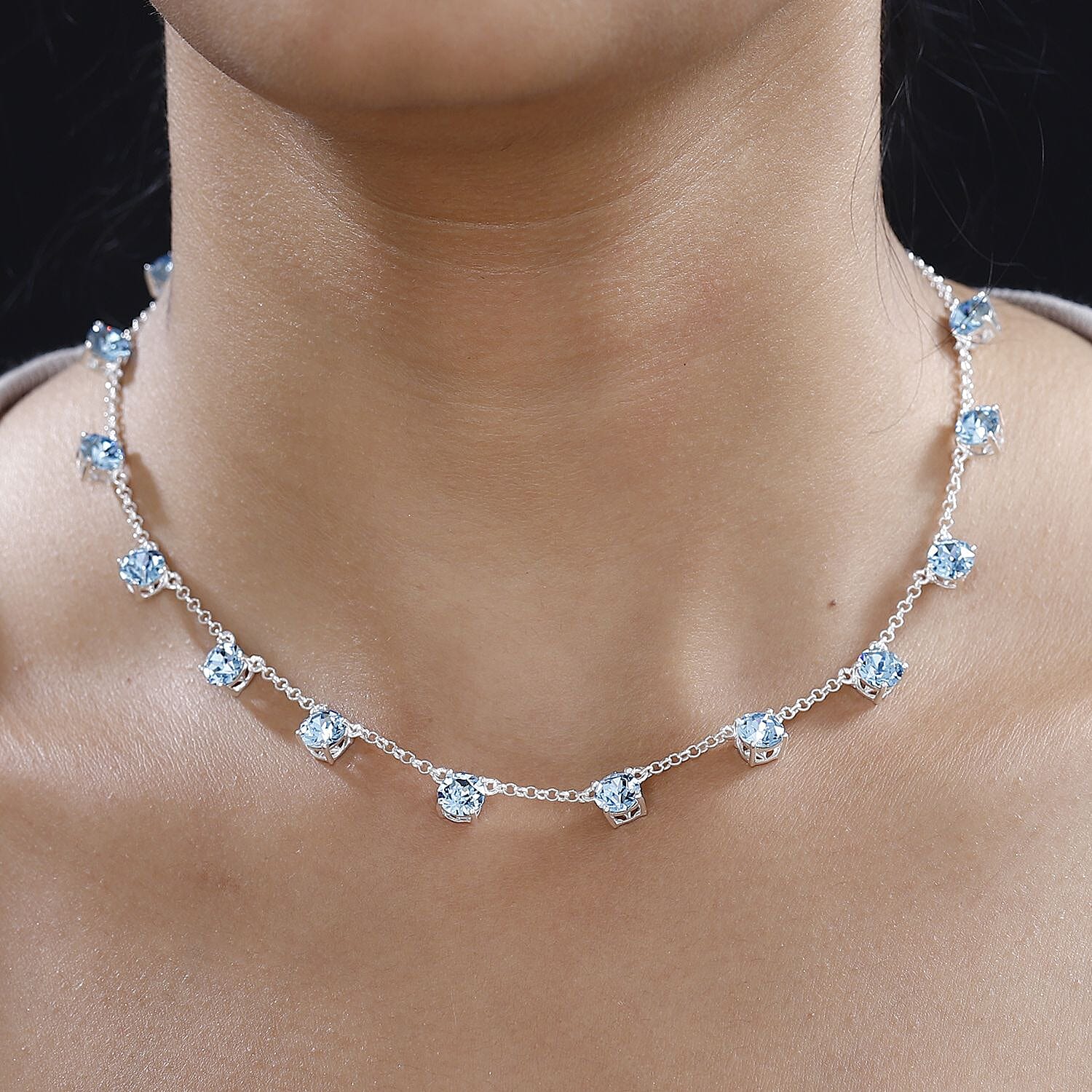 Designer Premium Aquamarine Color Austrian Crystal Station Necklace 18 Inches in Sterling Silver