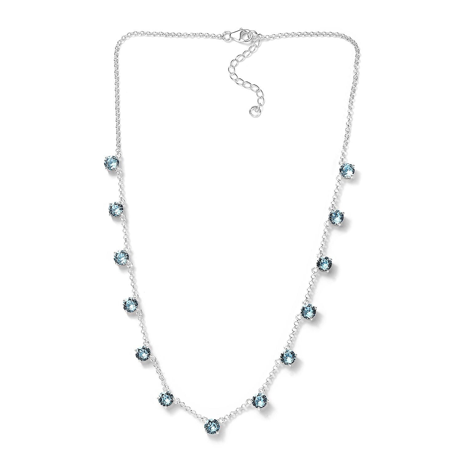 Designer Premium Aquamarine Color Austrian Crystal Station Necklace 18 Inches in Sterling Silver