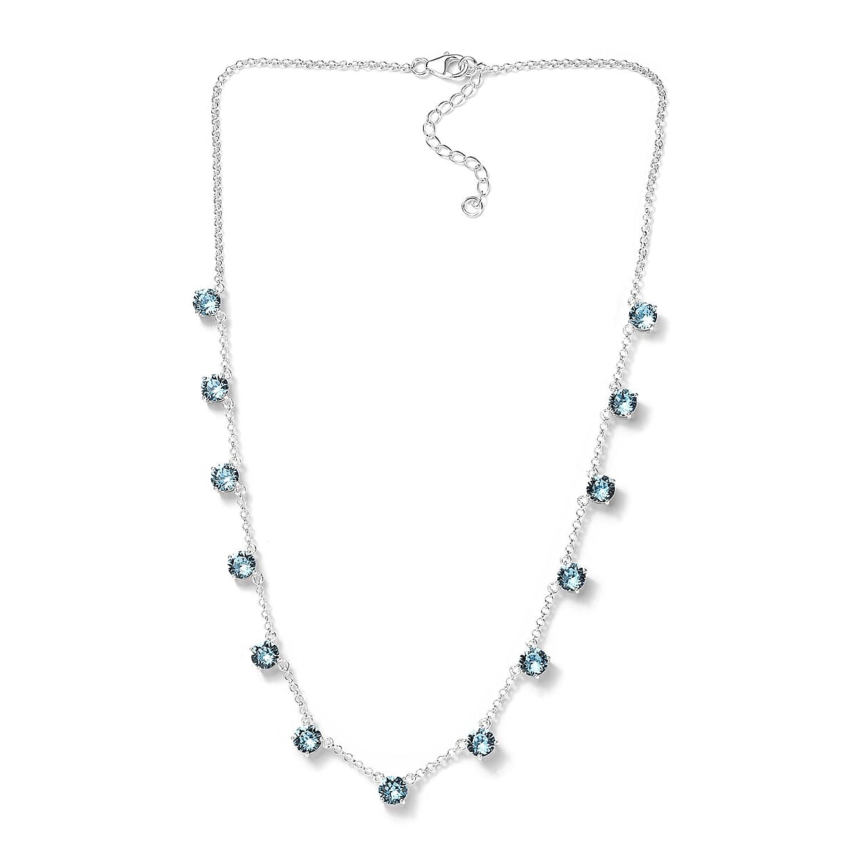 Designer Premium Aquamarine Color Austrian Crystal Station Necklace 18 Inches in Sterling Silver image number 3