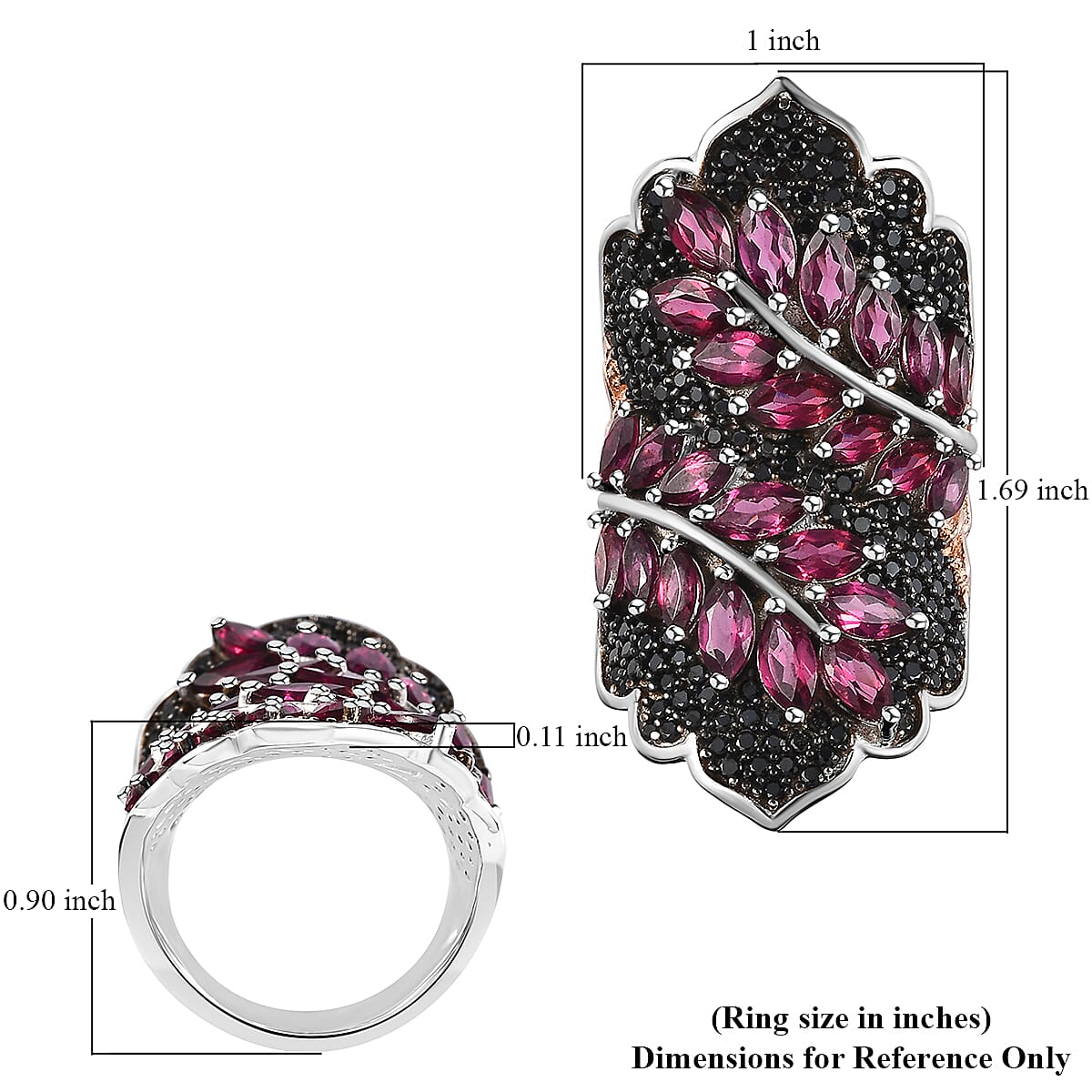 Orissa Rhodolite Garnet and Thai Black Spinel Elongated Ring in Vermeil RG and Platinum Over Sterling Silver (Size 10.0) 7.60 ctw