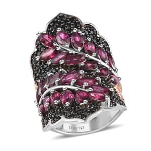 Orissa Rhodolite Garnet and Thai Black Spinel Elongated Ring in Vermeil RG and Platinum Over Sterling Silver (Size 5.0) 7.60 ctw