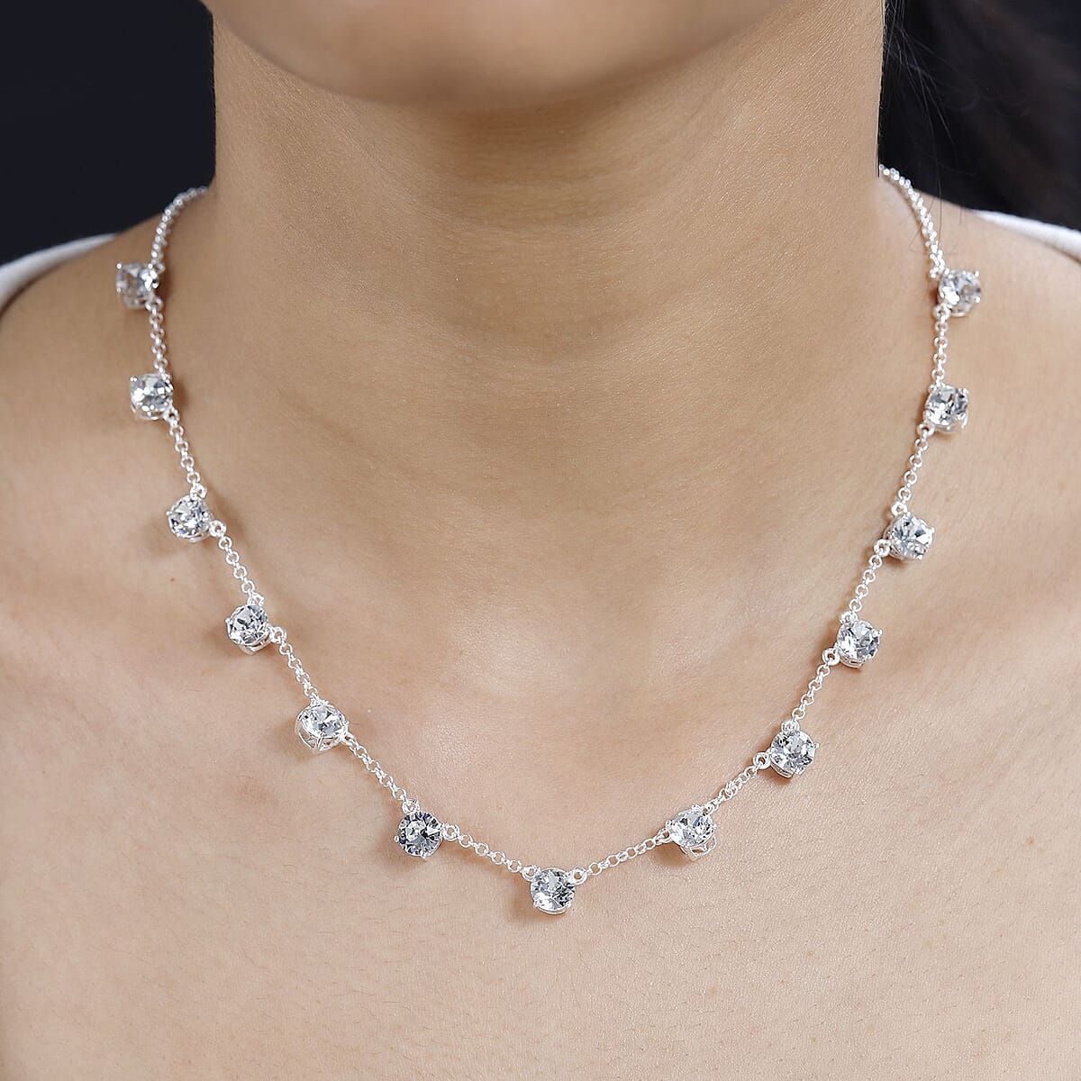 D'Joy Designer Premium Austrian Crystal Station Necklace 18 Inches in Sterling Silver image number 2