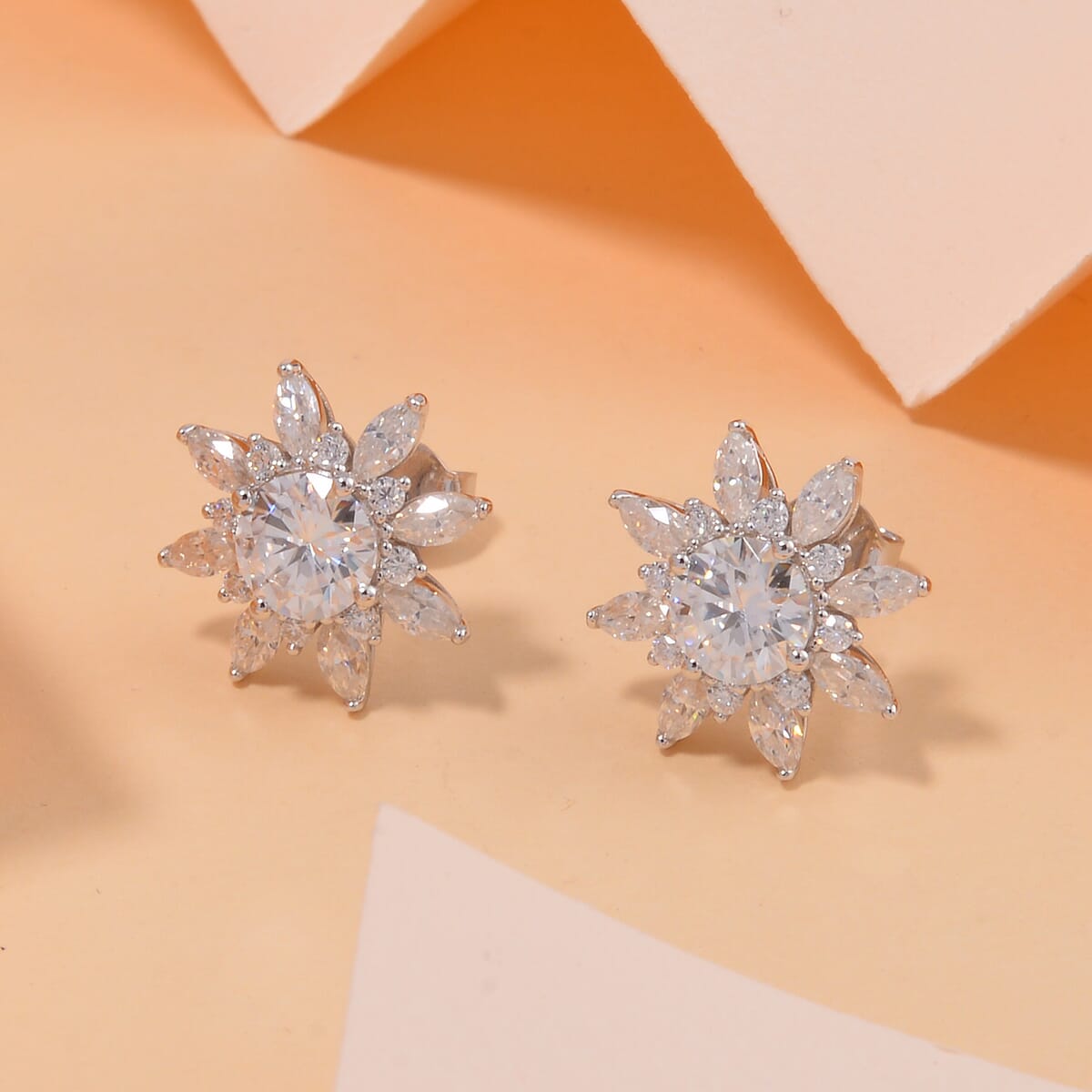 Moissanite Sunburst Stud Earrings in Rhodium Over Sterling Silver 2.90 ctw image number 1