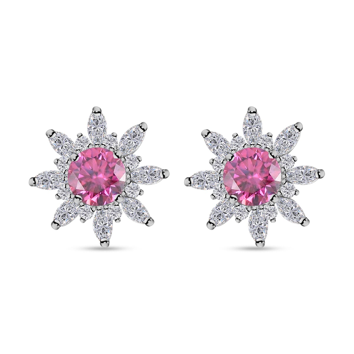 Pink Lotus Moissanite and Moissanite Sunburst Stud Earrings in Rhodium Over Sterling Silver 2.90 ctw image number 0