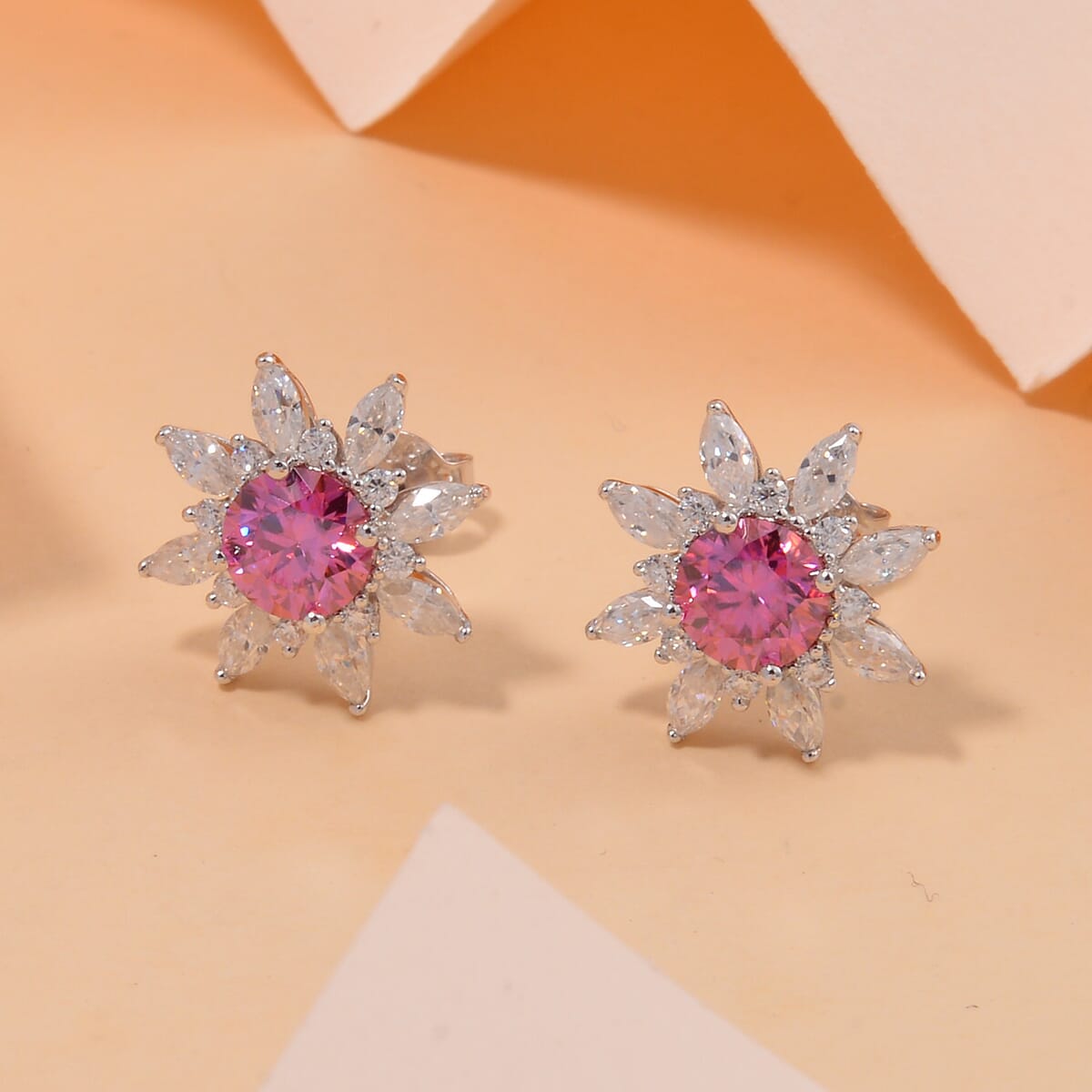 Pink Lotus Moissanite and Moissanite Sunburst Stud Earrings in Rhodium Over Sterling Silver 2.90 ctw image number 1