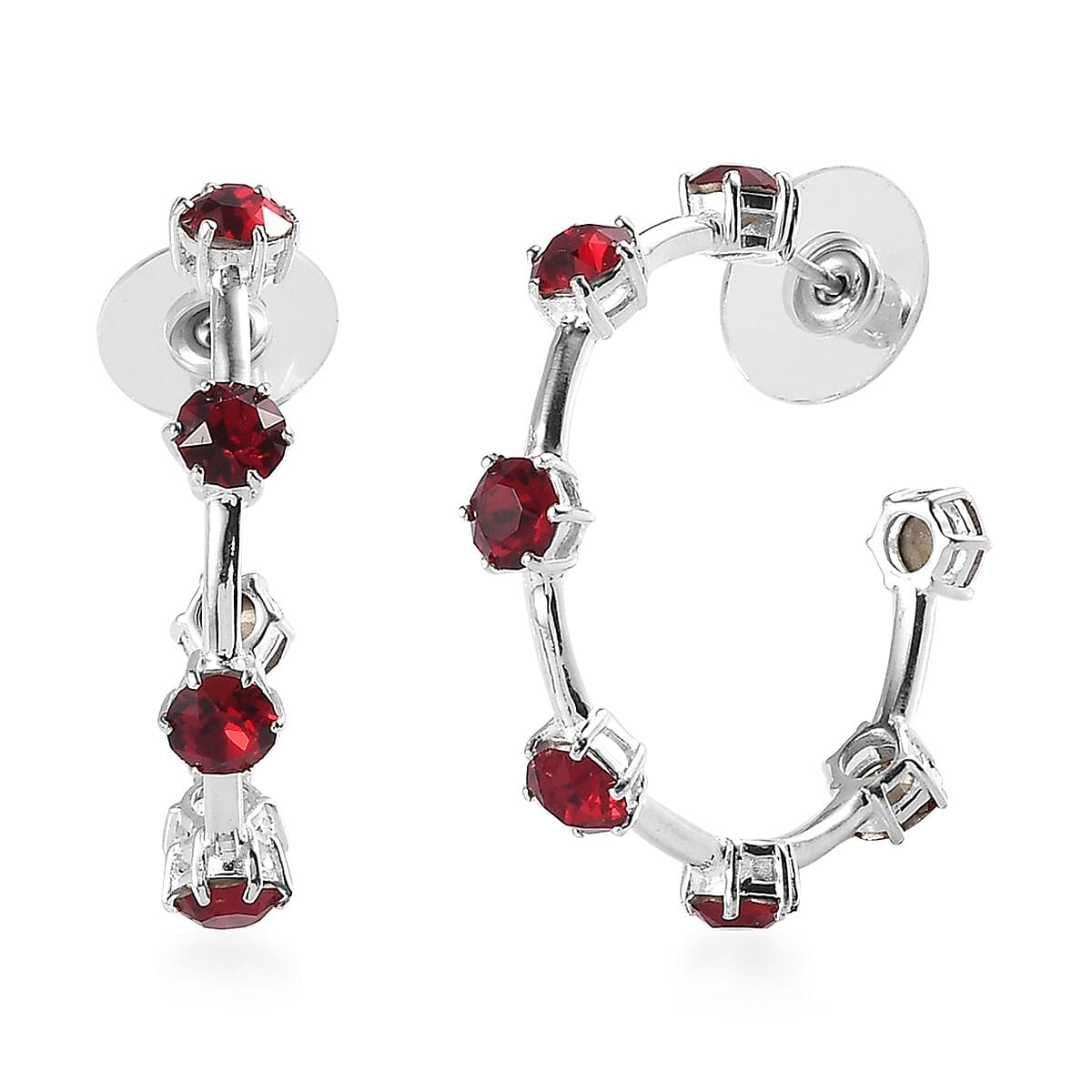 Designer Premium Siam Color Austrian Crystal Hoop Earrings in Sterling Silver