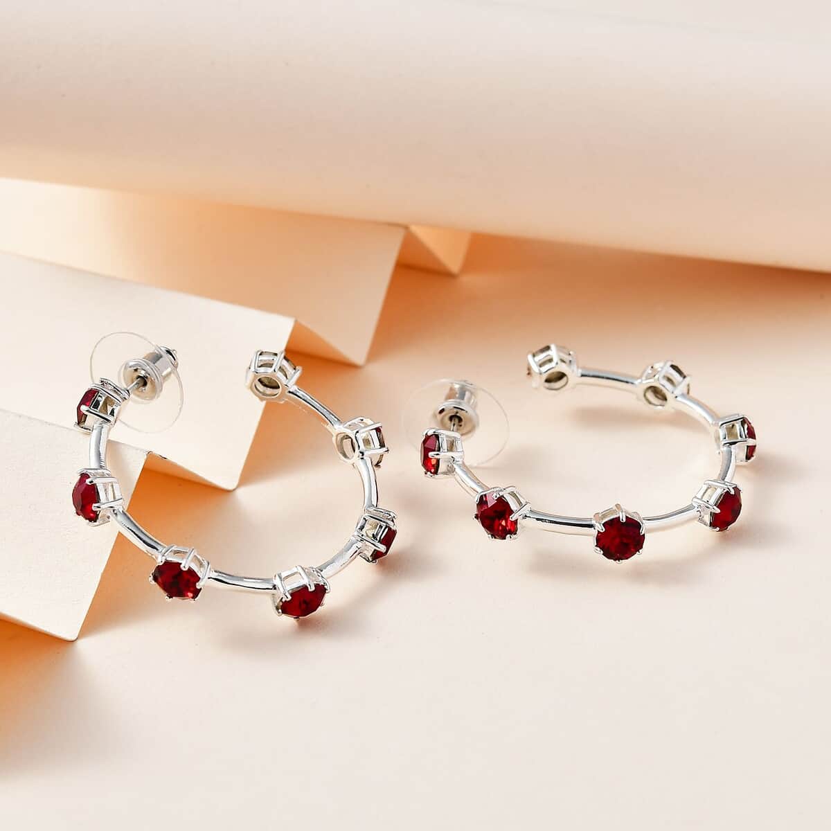 Designer Premium Siam Color Austrian Crystal Hoop Earrings in Sterling Silver image number 1