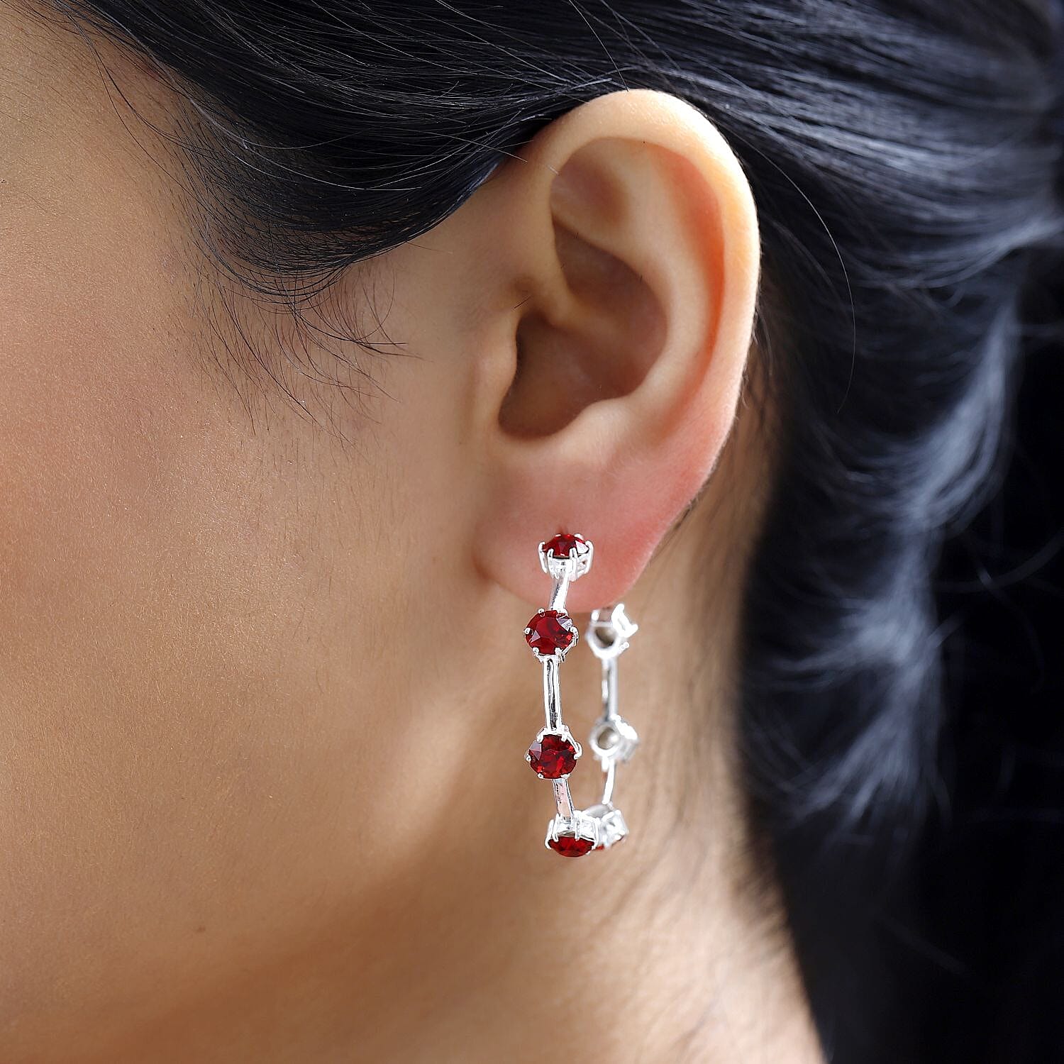 Designer Premium Siam Color Austrian Crystal Hoop Earrings in Sterling Silver