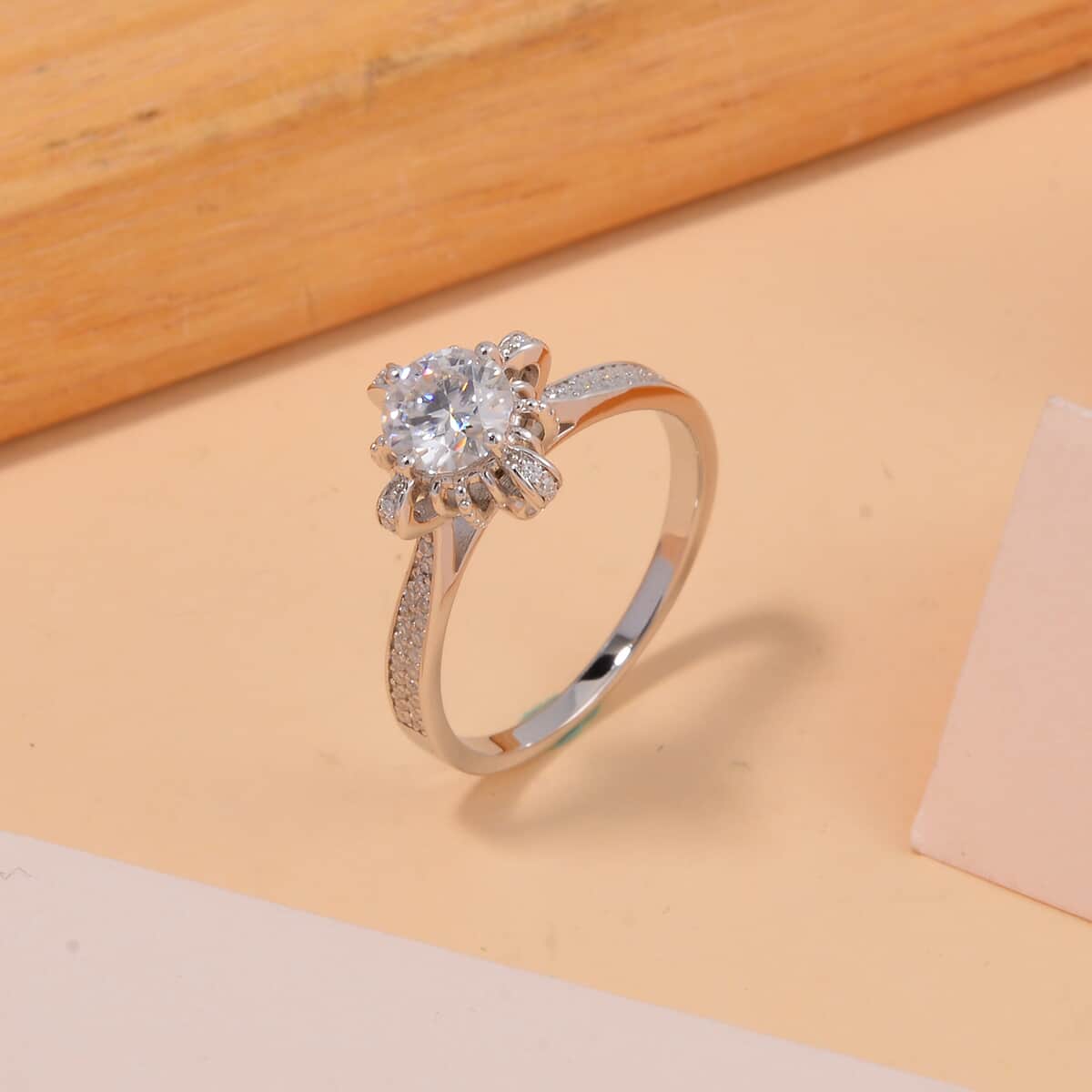 Moissanite (Rnd 6.5mm) Sunburst Ring in Rhodium Over Sterling Silver (Size 10.0) 0.40 ctw image number 1