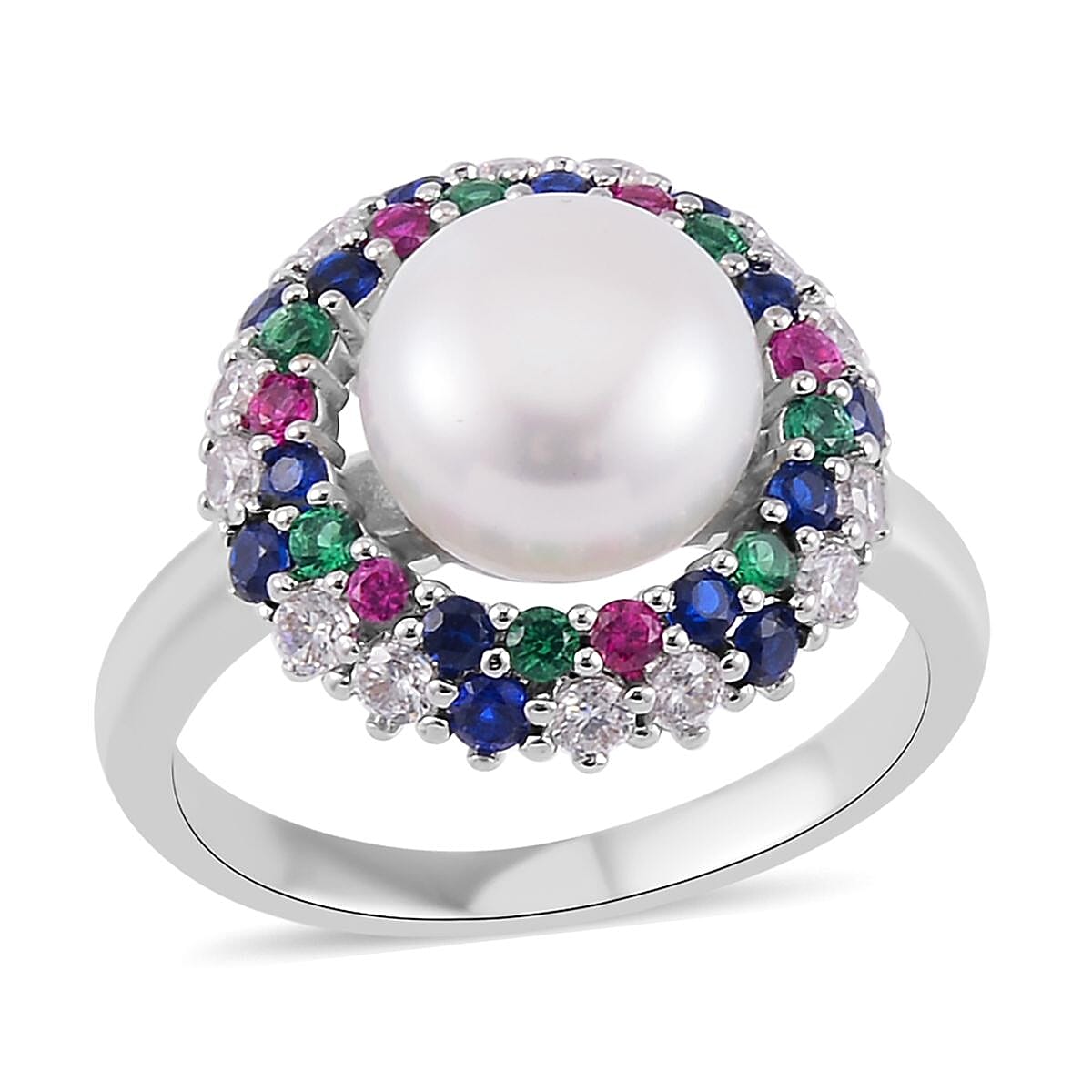 White Freshwater Pearl and Simulated Multi Color Diamond Ring in Silvertone (Size 10.0) 0.50 ctw