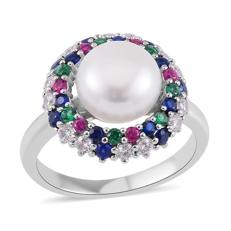 White Freshwater Pearl and Simulated Multi Color Diamond Ring in Silvertone (Size 10.0) 0.50 ctw