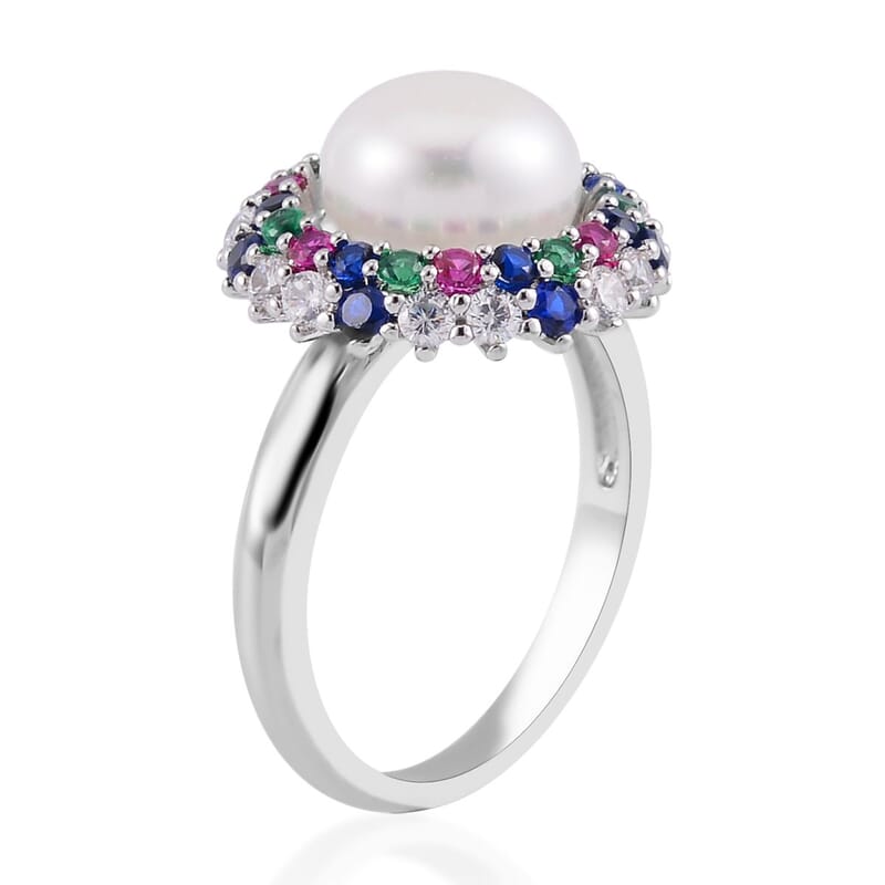 White Freshwater Pearl and Simulated Multi Color Diamond Ring in Silvertone (Size 10.0) 0.50 ctw