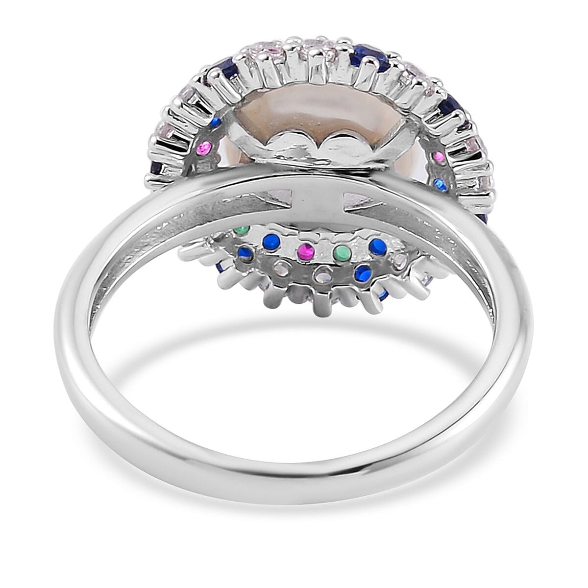 White Freshwater Pearl and Simulated Multi Color Diamond Ring in Silvertone (Size 10.0) 0.50 ctw