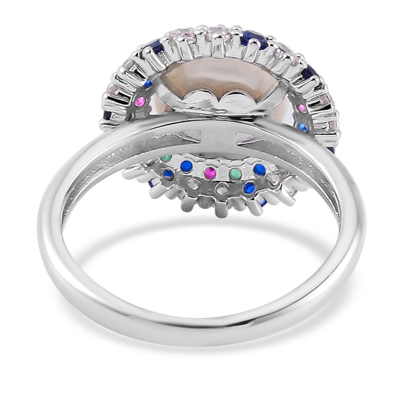 White Freshwater Pearl and Simulated Multi Color Diamond Ring in Silvertone (Size 10.0) 0.50 ctw