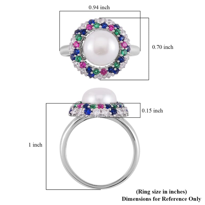 White Freshwater Pearl and Simulated Multi Color Diamond Ring in Silvertone (Size 10.0) 0.50 ctw