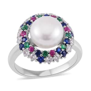 White Freshwater Pearl and Simulated Multi Color Diamond Ring in Silvertone (Size 5.0) 0.50 ctw