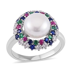 White Freshwater Pearl and Simulated Multi Color Diamond Ring in Silvertone (Size 8.0) 0.50 ctw